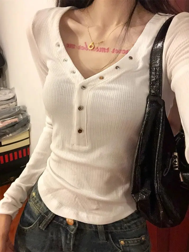 

White V-neck Slim Waist-tight Long-sleeved Top for Women's Autumn Base Shirt Underwear Fashionable and Versatile T-shirt