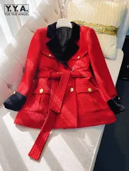 Office Ladies Fashion Red Tweed Down Coat Slim Fit Double Breasted French Style Retro Design Outerwear New Winter Women Jacket