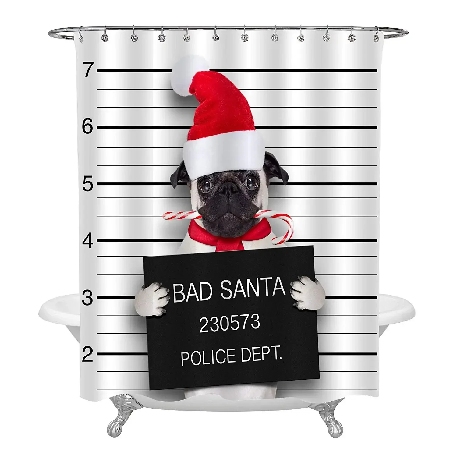 Pug Dog as Santa Claus for Christmas Shower Curtain for Xmas Gifts Caught On Mugshot with Sugar Cane in Mouth