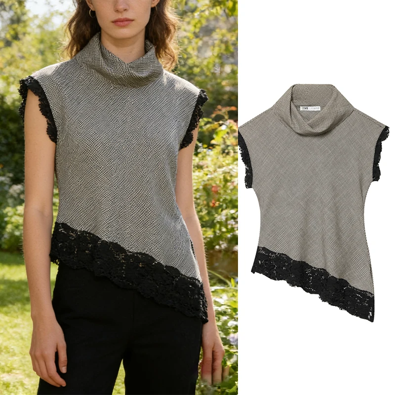 Top de cuello alto de pata de gallo para mujer con ribete de encaje negro - Blusa de punto sin mangas con dobladillo asimétrico para un estilo elegante