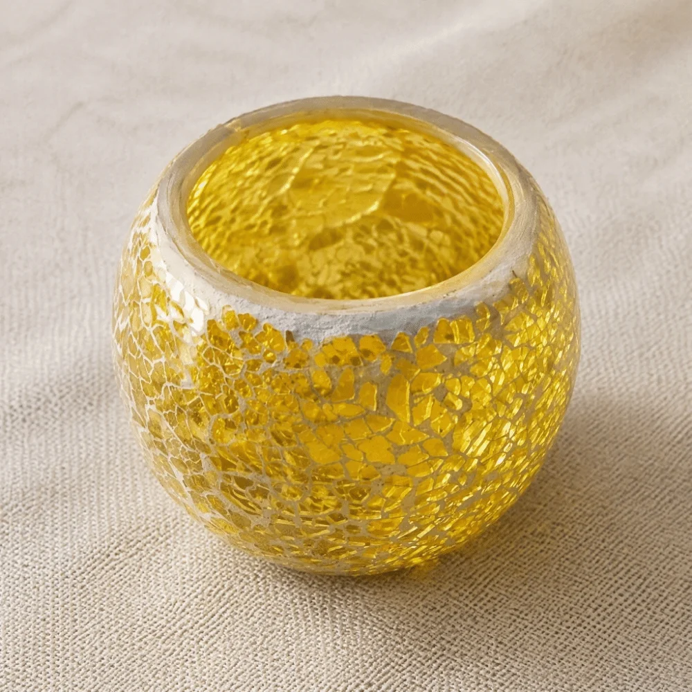 Round Bowl Shape Mosaic Glass Candle Holder Yellow Glass Material Votive Candle Holder 3.35x2.76in Tea Light Holder