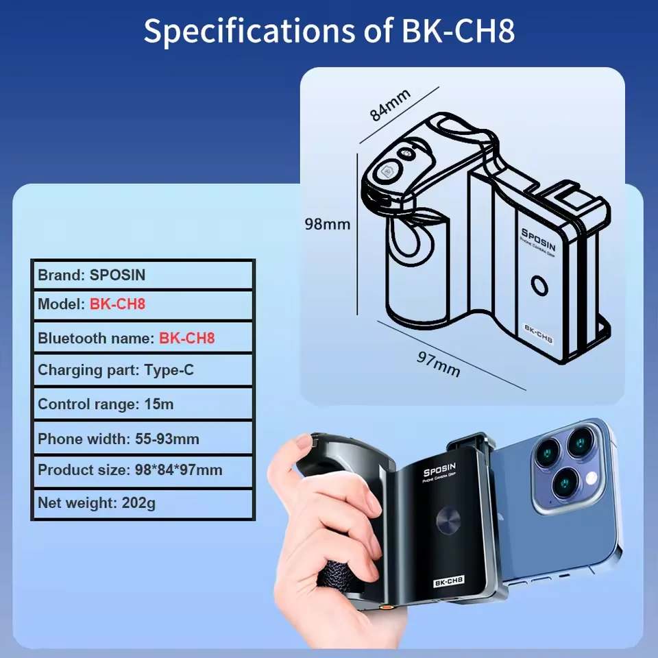 SPOSIN Smartphones Camera Grip BK-CH8 Compatilbe With IOS Android HarmonyOS Support Lens Zoom Shooting Foucs Lens Switching
