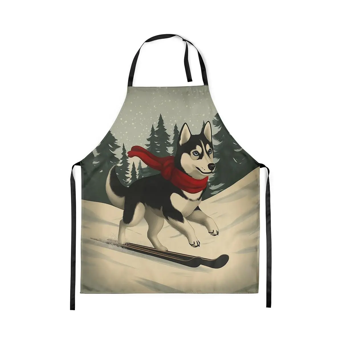 

Dog Skier Kitchen Apron Cartoon Husky Puppy Cute Animal Apron for Adults Winter Skiing Theme Wild Pine Trees Waterproof Apron