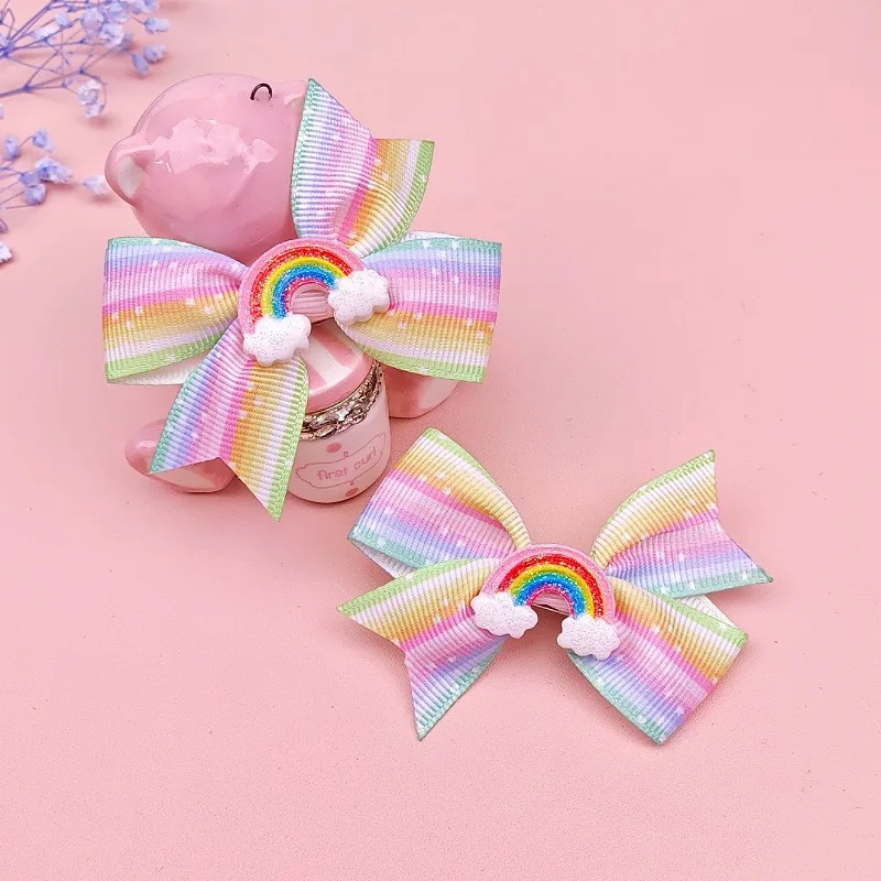 2Pcs Fun Girls Colourful Bow Hair Clips Children's Rainbow Clouds Bangs Hair Accessories Polka Dot Threaded Ribbon Hair Clips