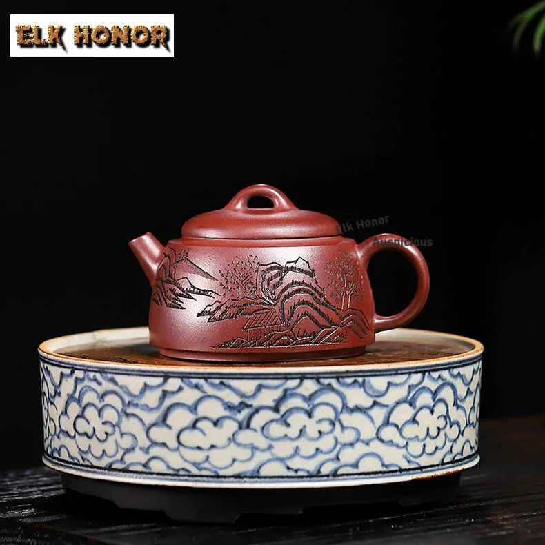 

200 мл высококачественные фиолетовые глиняные чайники Исин ручной работы с гравировкой пейзажа Де Чжун горшок из необработанной руды грязевой чайник Zisha чайный сервиз коллекция