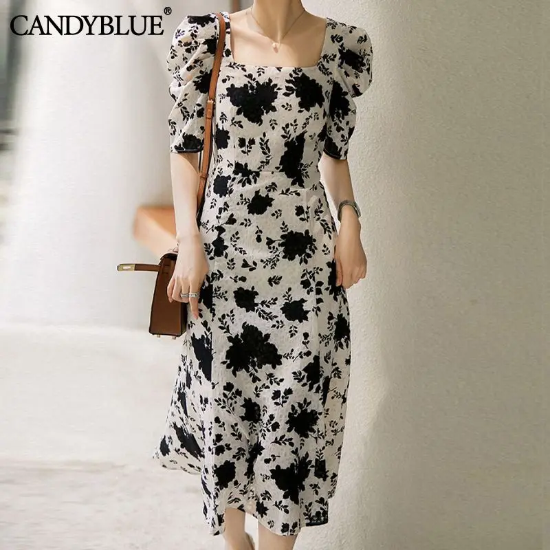 Beige Floral Printing French Square Collar Puff Short Sleeve Women's Dress 2022 Elegant Vintage Mid-Calf Dresses For Women