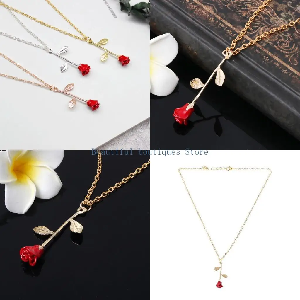 U4LF 3D Red Rose Pendant Necklaces Stylish Beauty and Beast Golden Filled Necklace Jewelry Charms Welcome Gift for Women Girl