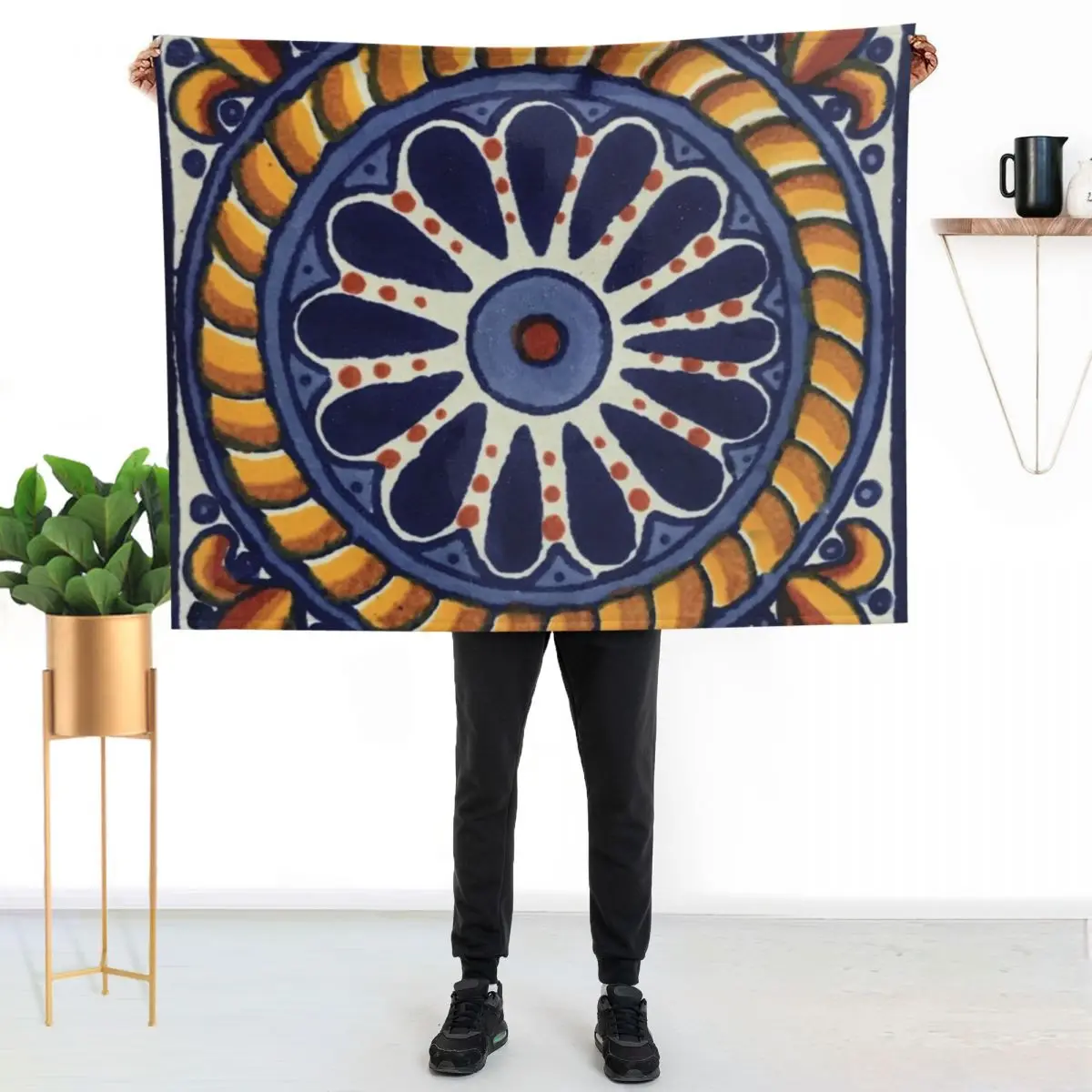 Blue and Gold Talavera - Rustic Mexican Tile Mandala Throw Blanket For Sofa Thin christmas gifts Picnic Vintage Blankets