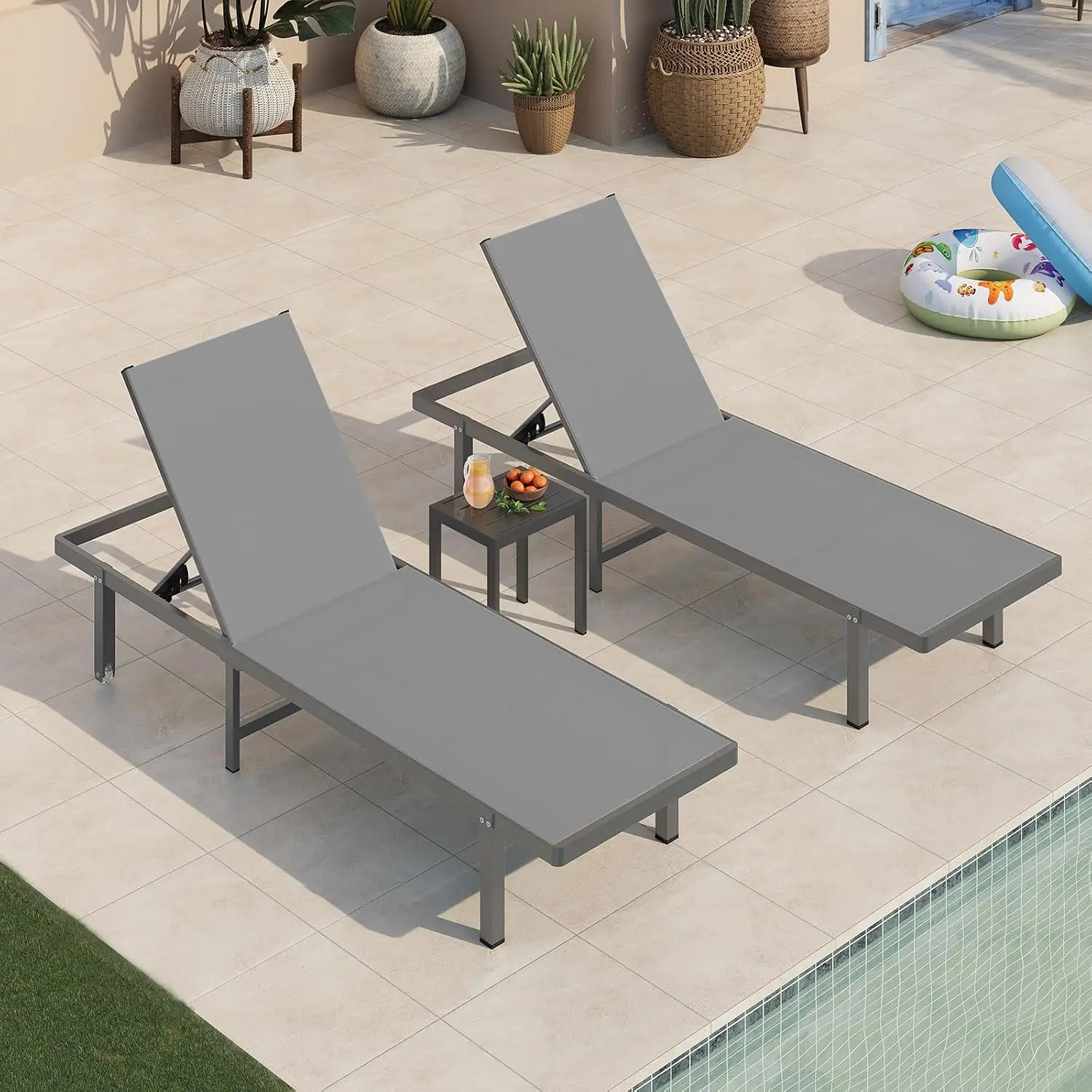 Pool Lounge Chairs Set of 3 (2 Chairs + 1 Table)，Outdoor Lounge Chairs with Wheels and 5-Position Recliner,, Customized