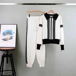 2024 Winter Fall Stripe 2 Piece Sets Lapel Collar Warm Cardigan Tracksuit High Waist Harem Pant Suits Knit Soft