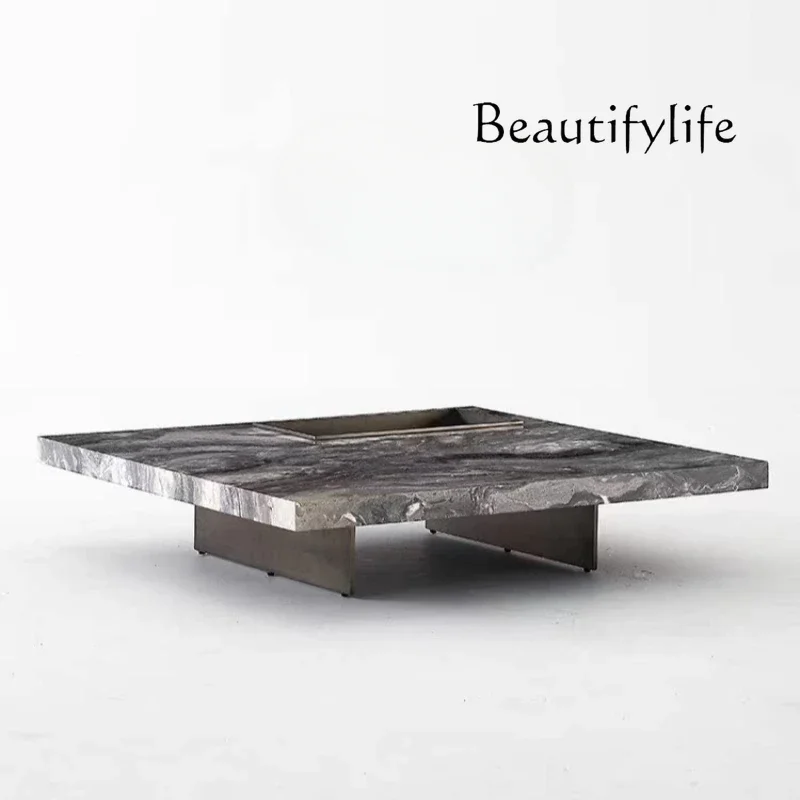 

Tavolino quadrato in marmo naturale marrone veneziano minimalista italiano, base in acciaio inossidabile spazzolato