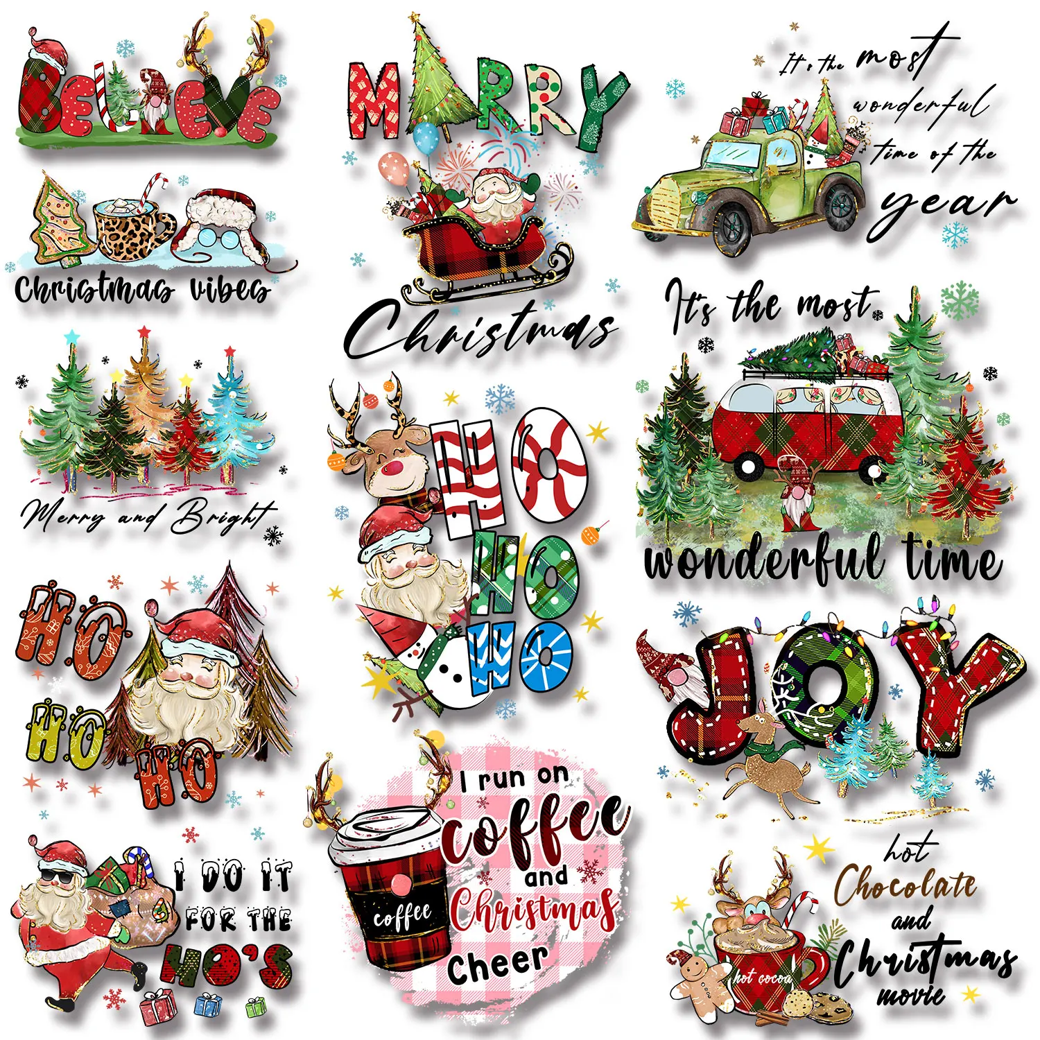 Believe Christmas Vibes Merry & Bright HOHOHO Joy Iron on Decals Applique for Cloth Strong color fastness DIY Appliques