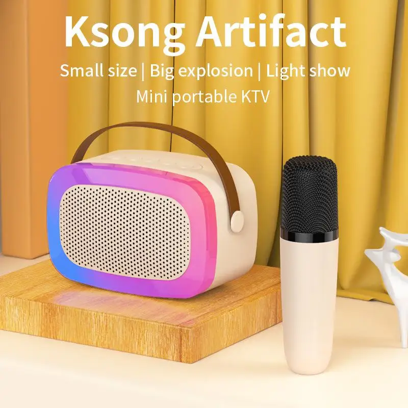 2023 New Color Lighting Bluetooth Speaker Outdoor Portable Mini Karaoke Boombox with Wireles K-song Mic Support TF Card USB Play