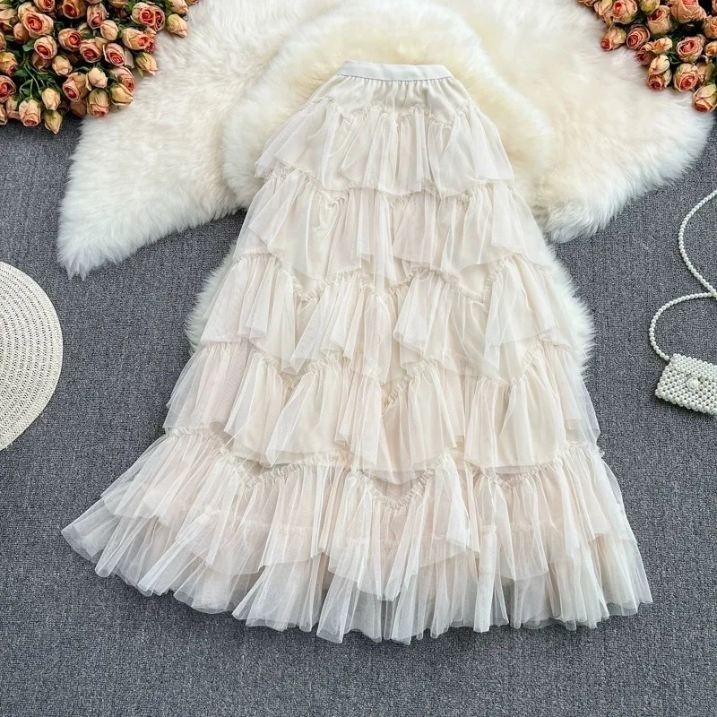 Jupe longue en maille Patchwork pour femmes, nouveau Design de gâteau, polyvalente, ligne A, couches Midi, légère, tendance, mode dames, printemps 2025