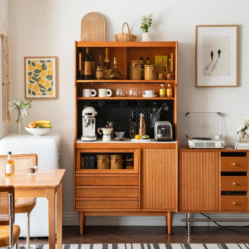 

01 Solid wood dining side cabinet integrated against the wall Japanese cherry wood high cabinet small apartment