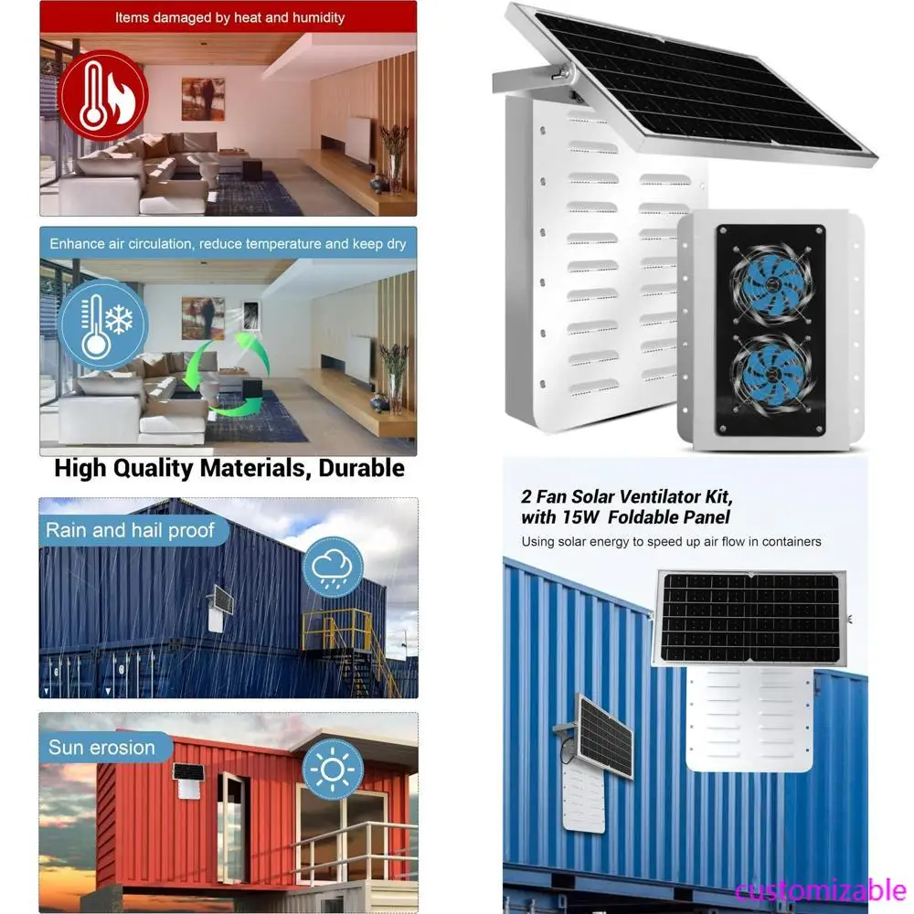 نظام تهوية يعمل بالطاقة الشمسية لحاويات الشحن، طقم مروحتين مع لوحة شمسية قابلة للطي بقدرة 15 وات، مقاومة للطقس ضد المطر و #3