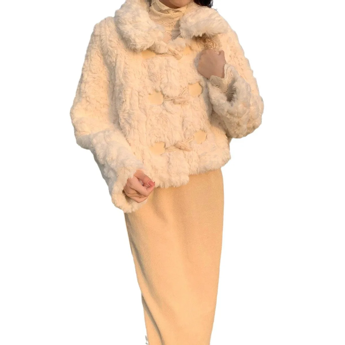 Vestes femmes fausse fourrure laine d'agneau manteau vêtements d'extérieur corne bouton col rabattu épais chaud moelleux femme Shaggy pardessus hiver