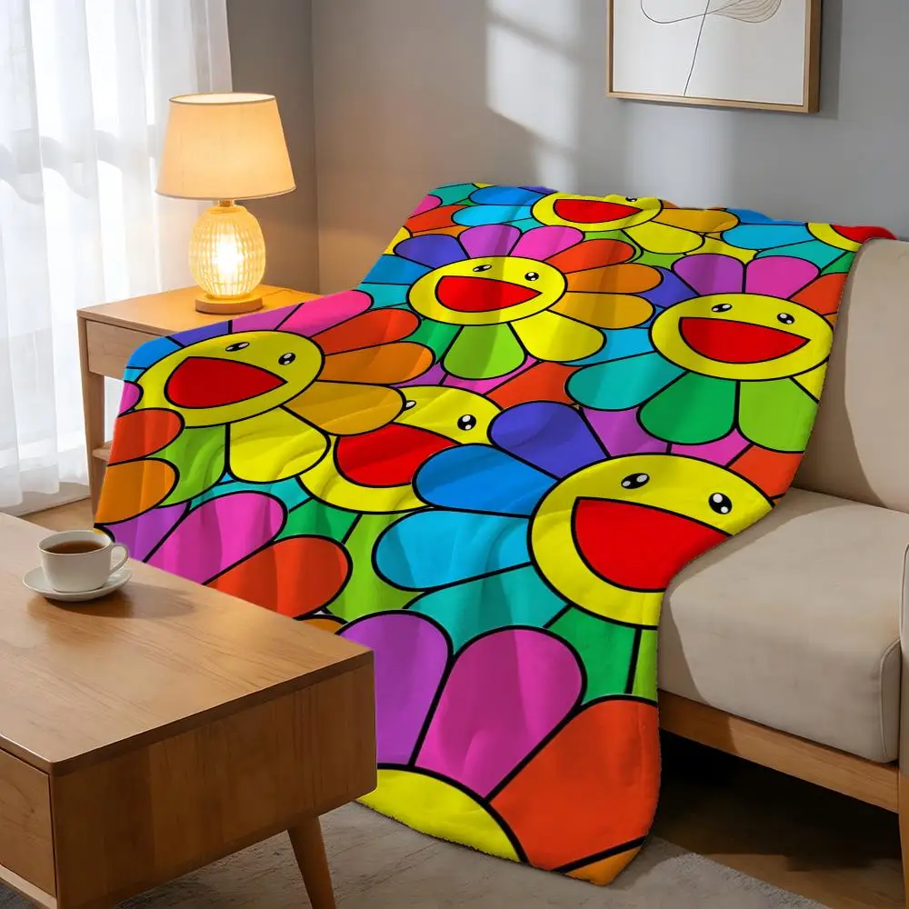 Throw High-Density Short Plush Blanket For Sofa Nap Room Soft Skin-Friendly Smiling Flower Artwork Takashi Murakami