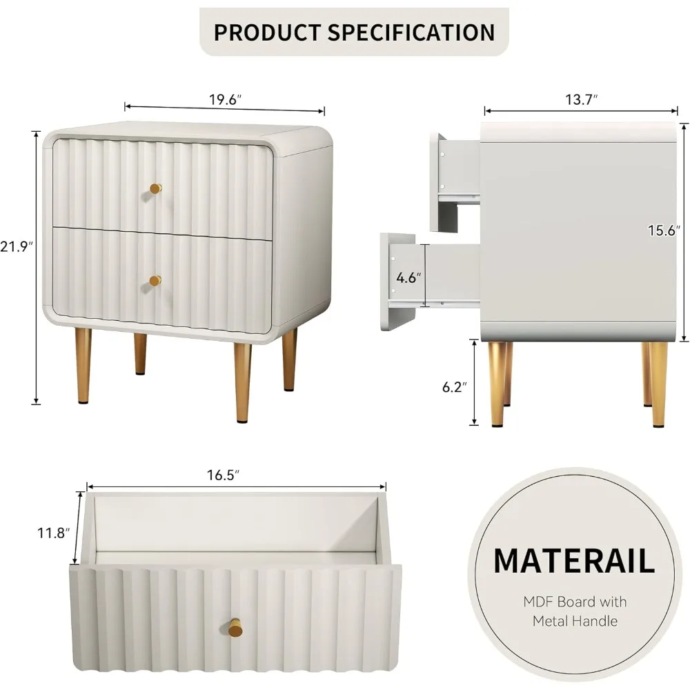 طقم منضدة حديثة مكون من 2، طاولة جانبية للسرير مع درجين للتخزين، طاولة نهاية خشبية بمقبض معدني ذهبي، ش ليلي أبيض #2