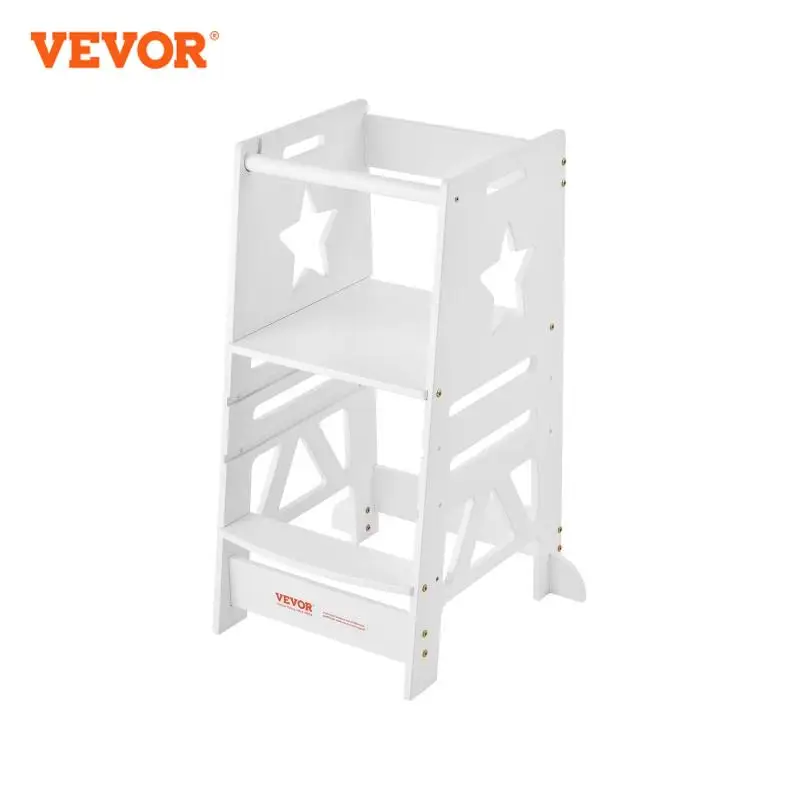 VEVOR Tower Step Stool 3-Level Height Adjustable for Kids Bamboo Learning Stool with Safety Rail for Kitchen Counter Bathroom