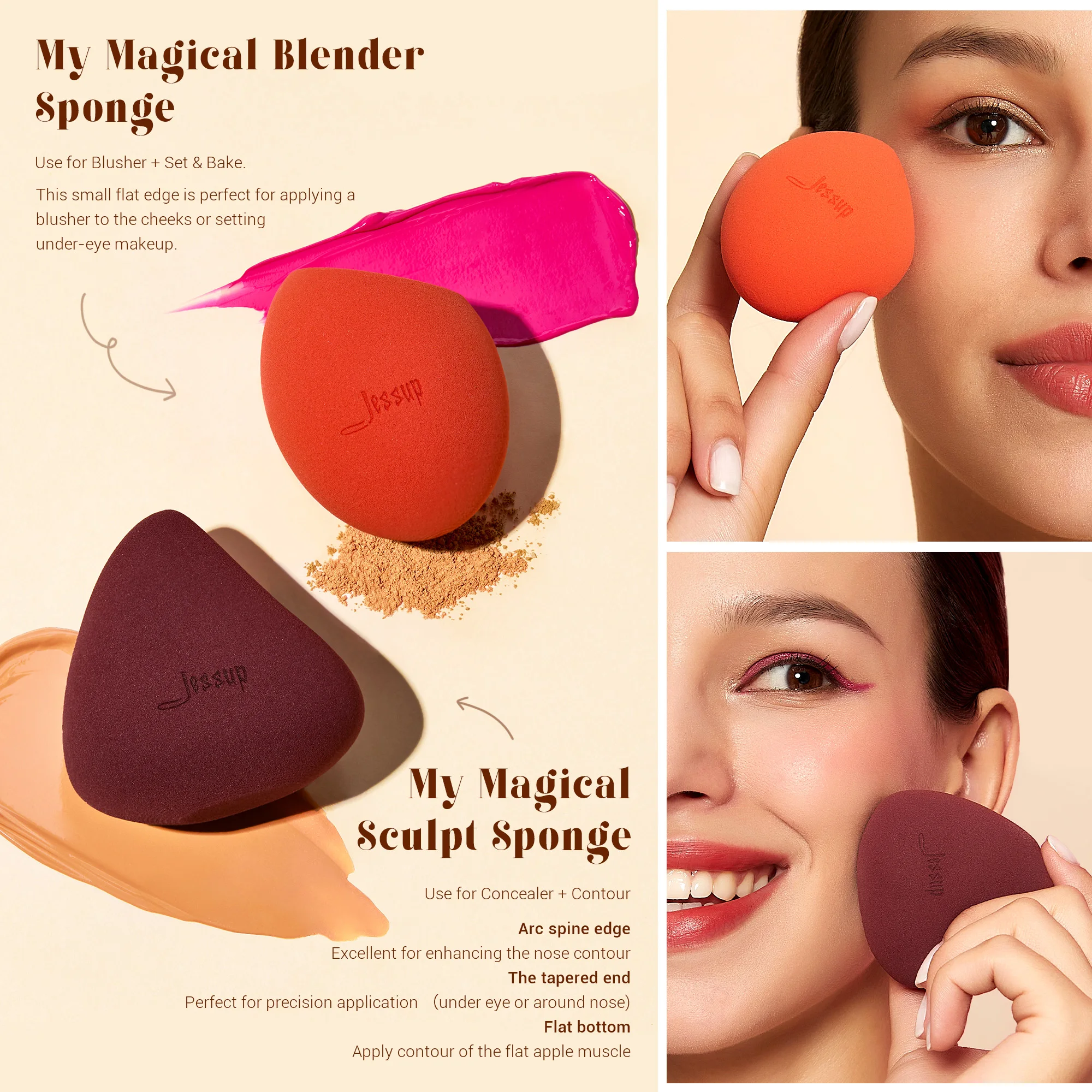 Jessup Makeup Brushes with Makeup Sponge, 3pcs Double Ended Makeup Brush for Foundation Contour Concealer with Gift Box, T510