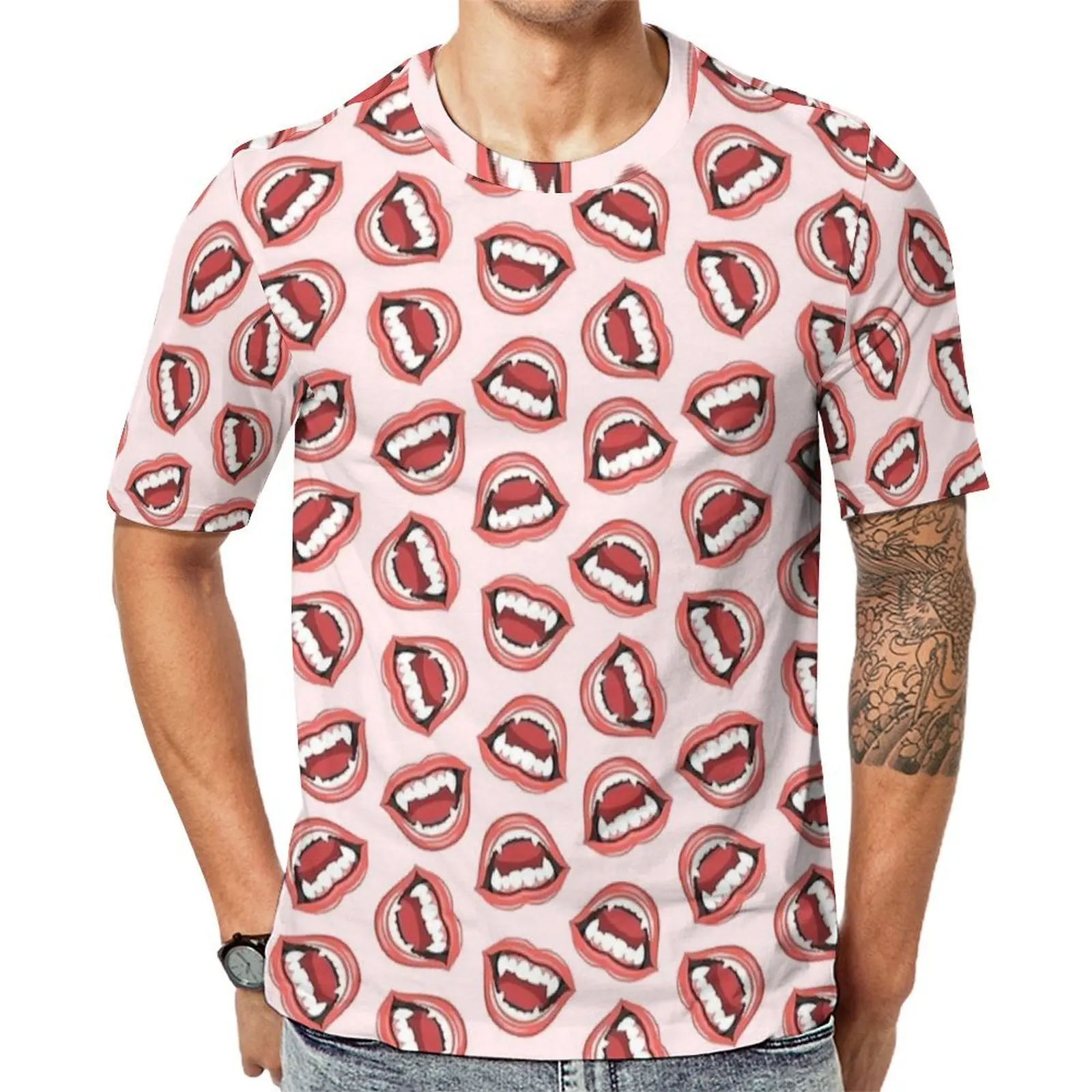 Light Pink Open Smile Seamless Tile T-Shirt  Popular T Shirts Men Funny Tshirt Premium Short Sleeve Custom Tops Plus Size