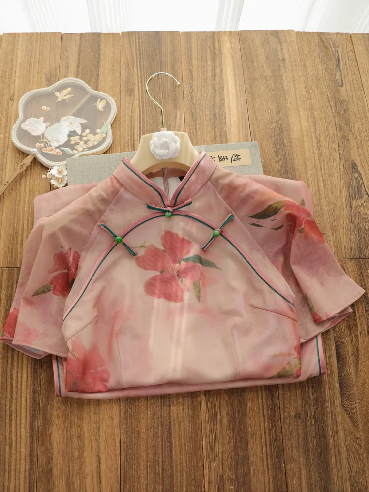 Elegant Pink Lady Style Long Sleeve Qipao Young Revised Version Large Flower Pattern Short Sleeve Daily Wear Low Slit