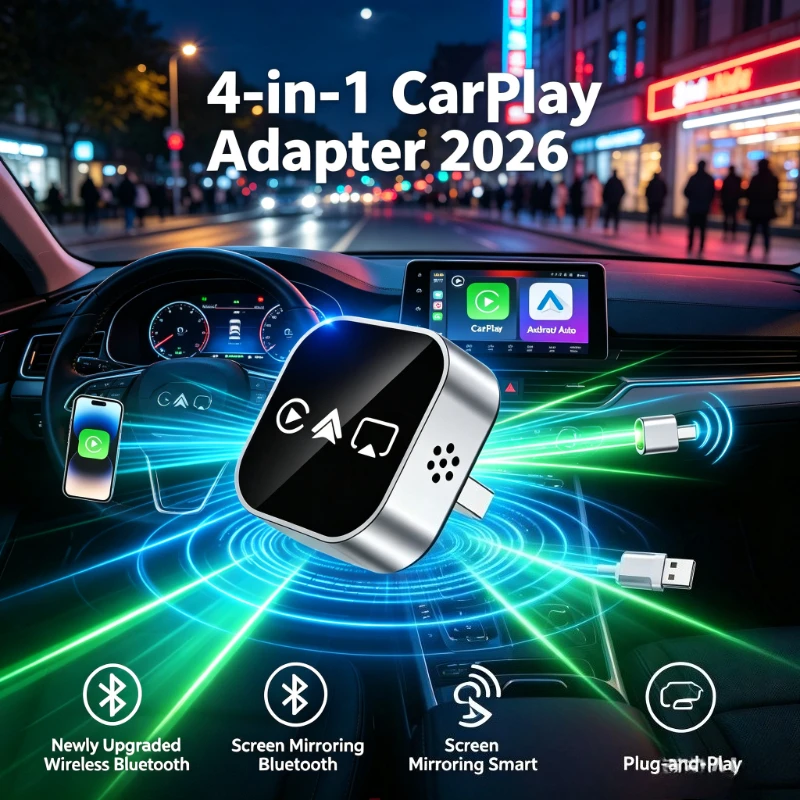 Smart 4‑in‑1 Wireless CarPlay Adapter 2026 Bluetooth Screen Mirroring Plug‑and‑Play Car Multimedia Device