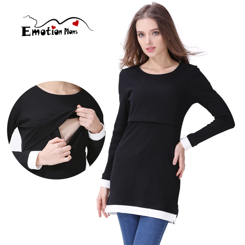 Lift Layer Breastfeeding Maternity Tunic High Neck Long Sleeve Ribbed Knit Fake Two Tone Contrast Hem Soft Stretch Pregnancy Top