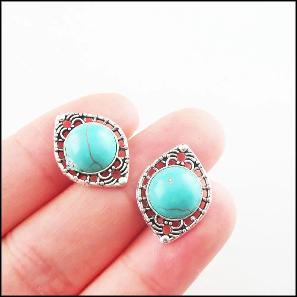 Retro Tibetan Silver Plated Teardrop Flower Eye Heart 10mm Round Turquoise Stone Charms Pendant Connectors