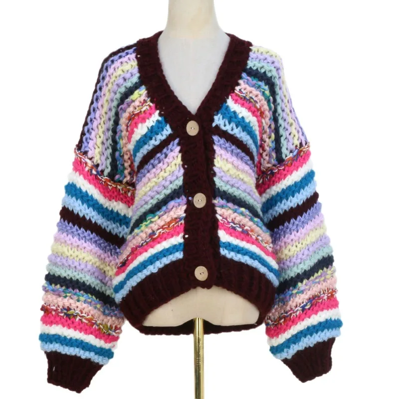 

Rainbow V-neck Sweater Cardigan Women's Contrast Colors Single-breasted Lazy Loose Autumn Winter Tops Long-sleeved Sweater Women
