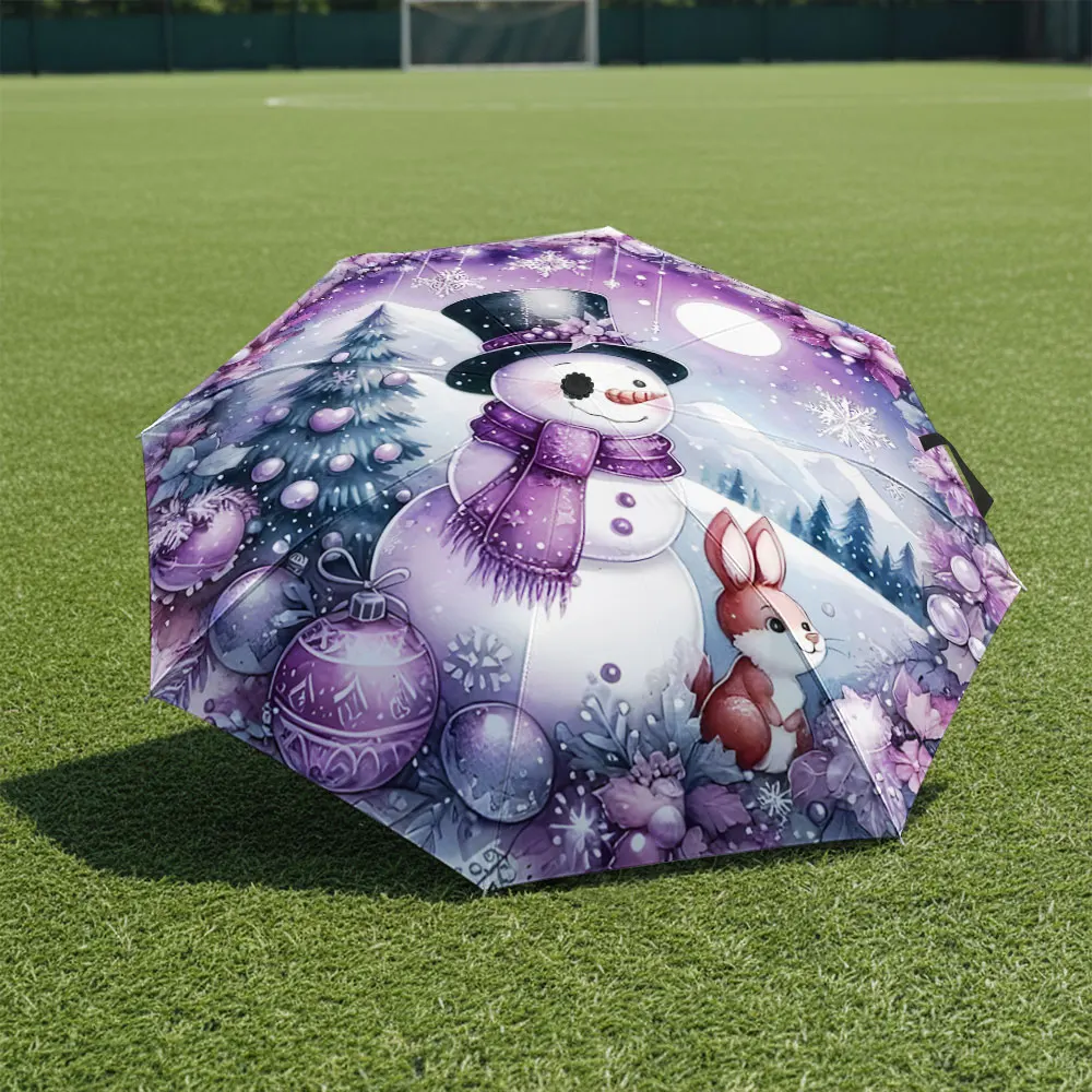 1P C Snowman and Rabbit Winter Umbrella Design Print 8 Iron Ribs Folding Umbrella Auto-Open Fashion Sunshade
