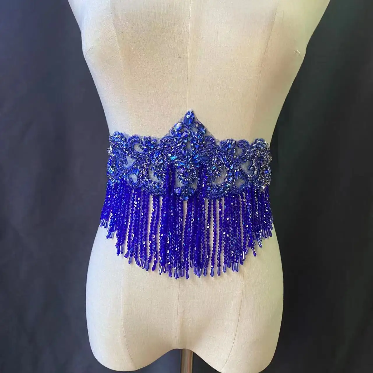 Luxury Blue Rhinestone Chain Patch Fringe Applique for Colorful Evening Dress,Bridal Neckline,Wedding Sash,Sparkle Dance Costume