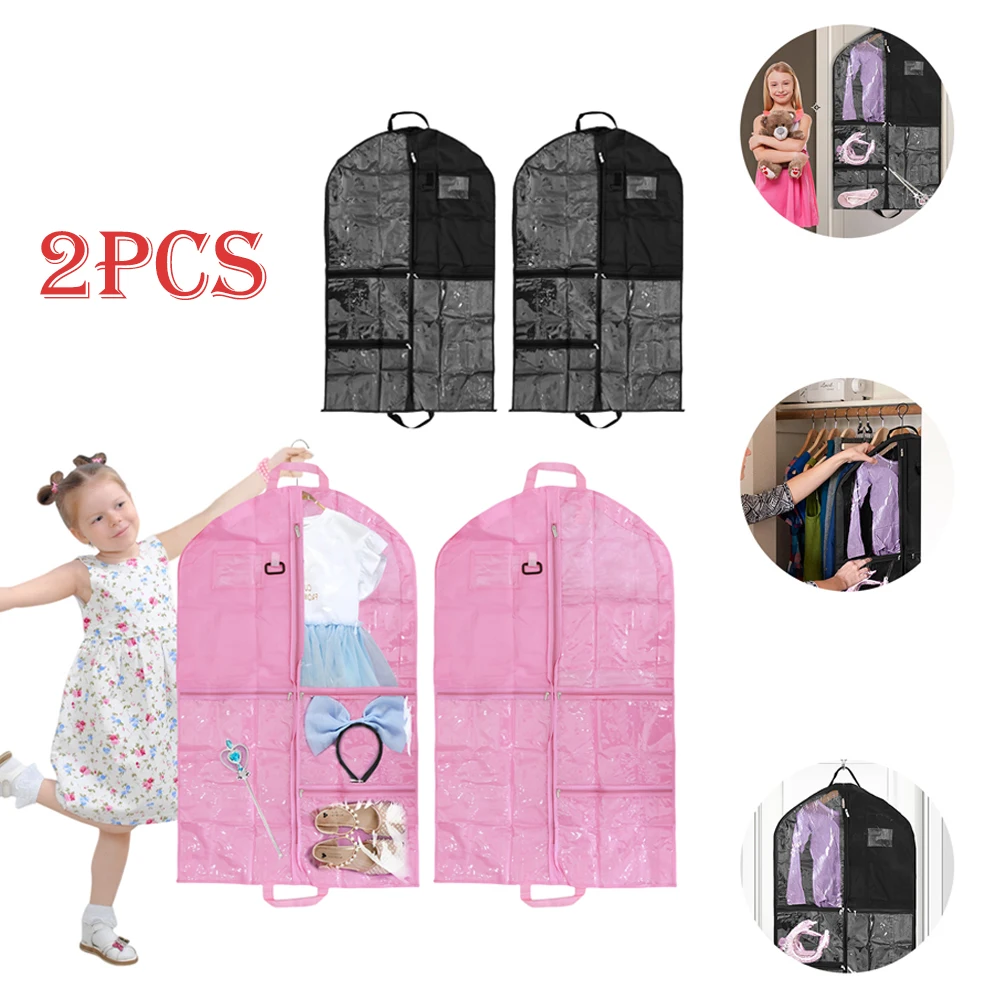 2Pcs Kids Dance Costume Dust Cover Bag with 6 Pockets Holds 3-5 Outfits Garment Bag Portable Hanging Clothes Storage with Handle