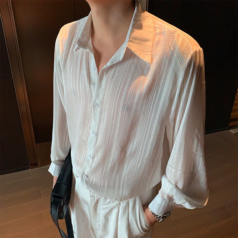 Men Translucent Stripes Casual Loose Long Sleeve Mesh Dress Shirt Male Vintage Fashion White Shirts Stage Clothing