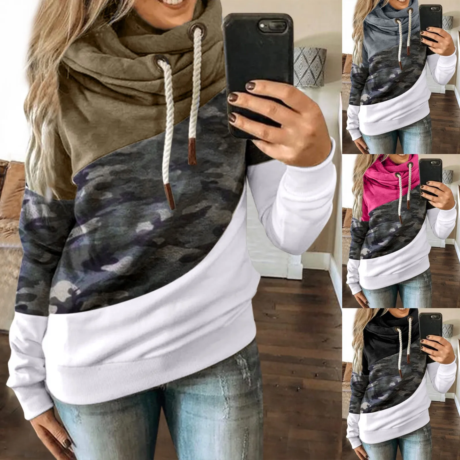 Women's Color Blocking Patchwork Hoodies Fashionable Camouflage Drawstring Long Sleeved Loose Casual Female Sweatshirts