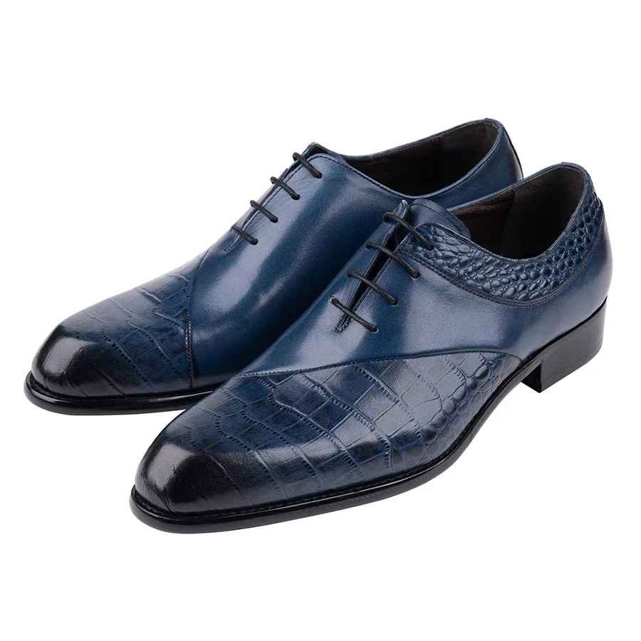 Blauwe Oxfords voor heren handgemaakte feestschoenen Luxe lederen schoen Bruine voering Nieuwe stijl Retro Designe Office Wear