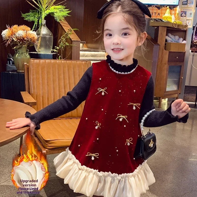 

Girls' Fleece-Lined Dress Winter Collection 2026 New Style Chic Children's Vest Dress Girls' Formal Dress