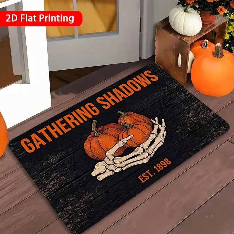 Halloween Gathering Shadows Doormat Skeleton Hand Pumpkin Wood Grain Print Floor Mat Vintage Holiday Entrance Decor Rug