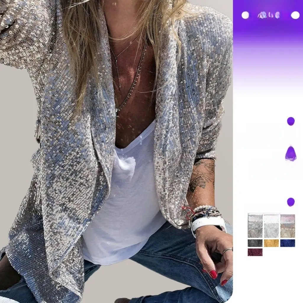 

Women's Elegant Sequined Jacket Long-Sleeved Mid-Length Small Suit Lapel Color Block European American Style Spring New
