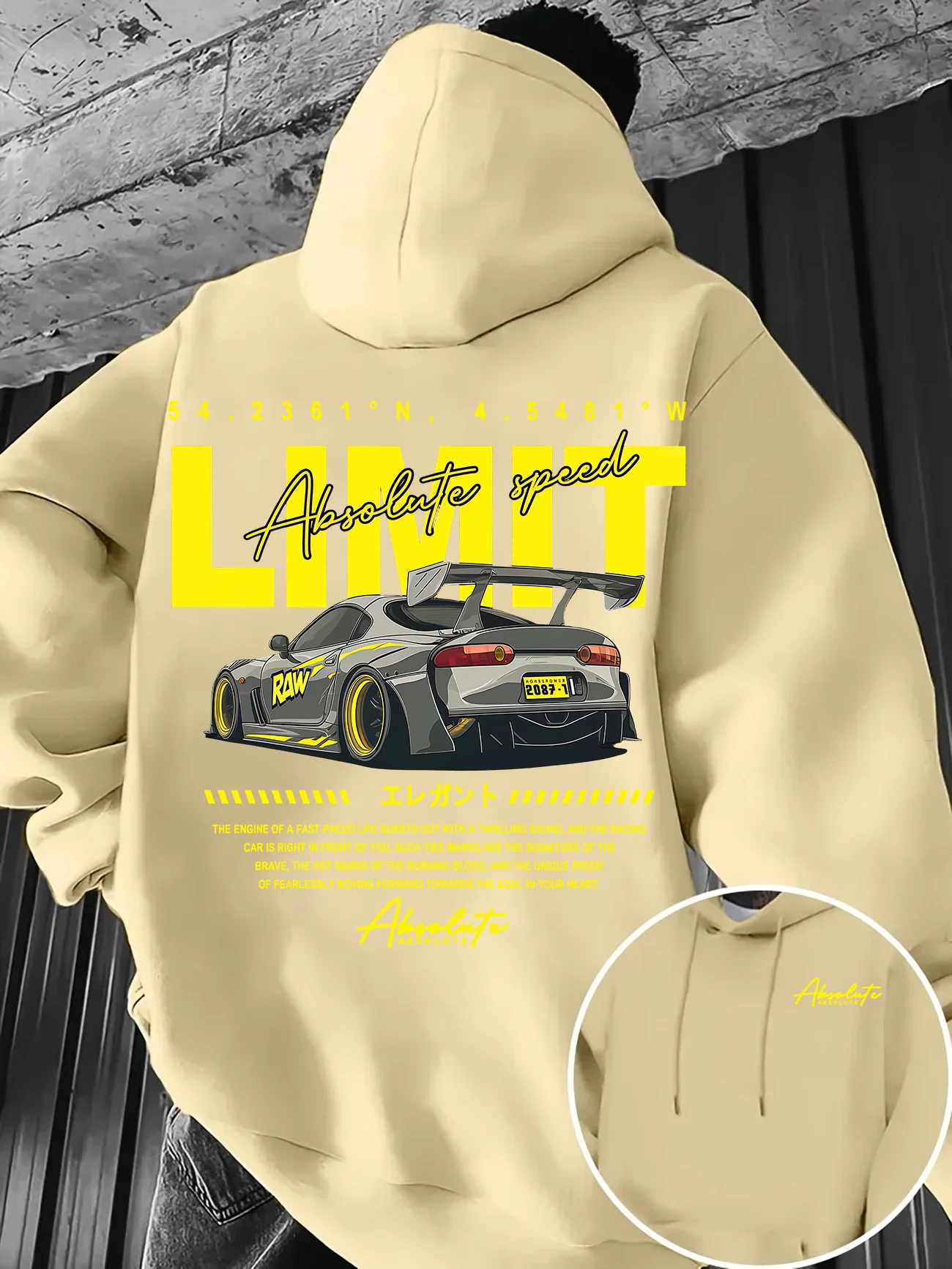 Locker sitzende Herren-Hoodies mit JDM-Rennwagen-Text und Koordinaten-Print – Herbst/Winter Minimalistische Streetwear Kapuzenoberteile – Detail 4
