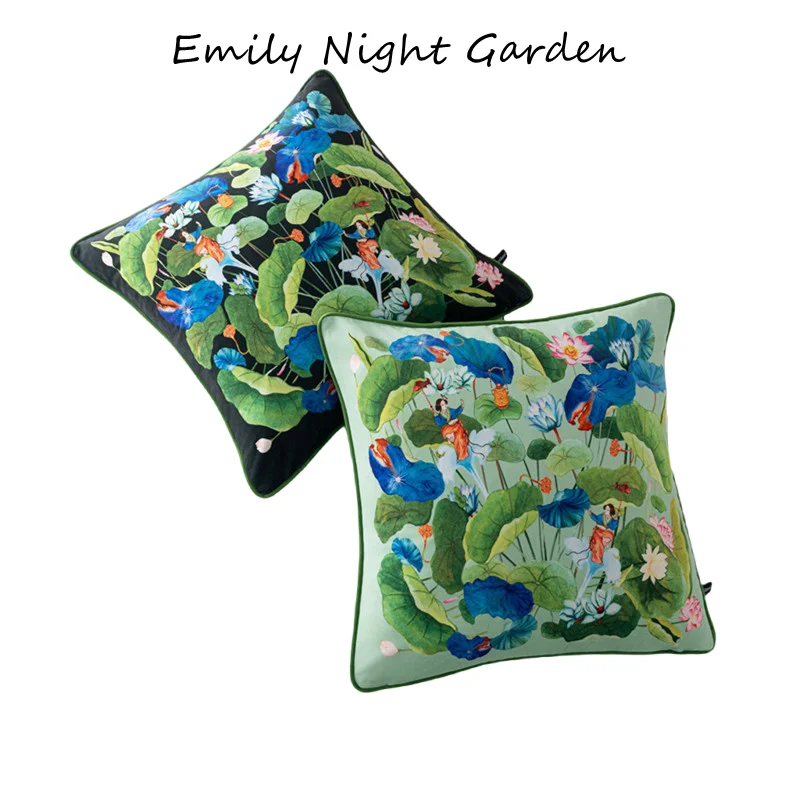 Lotus Print Velvet Cushion Cover Green Black Floral Throw Pillow Cover with Green Piping Luxury Home Decor Pillowcase For Sofa