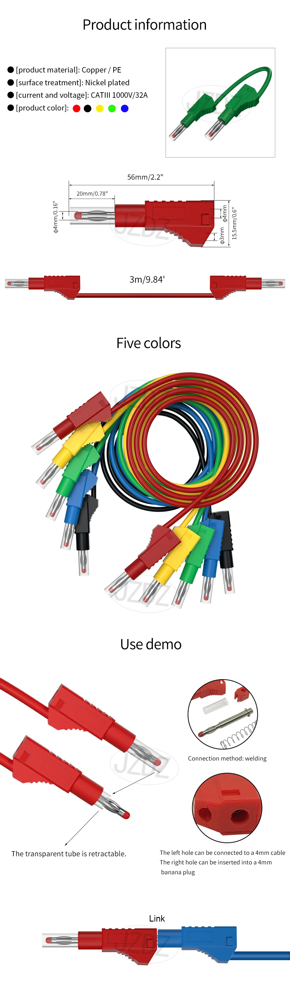 JZDZ 300CM 5 Stück Multimeter-Testleitungen 4MM Doppel-Bananenstecker Sicherheits-Einziehbares Elektrokabel Jumper-Draht DIY J.70022 – Detail 1