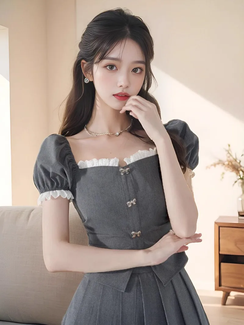 Spicy Girl French Bubble Sleeve Shirt Pleated Skirt Two-piece Set Lady Ruffle Edge Splice Contrast Color Sweet Fashion Slim Wear