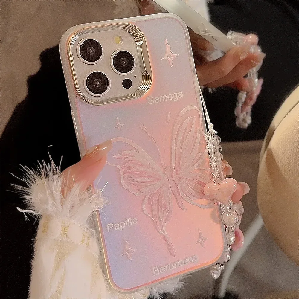 Fantasy Laser Pink Butterfly Phone Case with Lanyard for IPhone16 15 14 12 13 11 Pro ProMax Plus X XR Shockproof Phone Cover