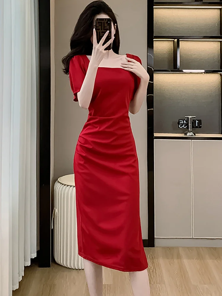 2025 여름 우아한 바디콘 베스티도 한국 빈티지 이브닝 드레스 레드 반팔 스퀘어 넥 럭셔리 웨딩 드레스 여성용
