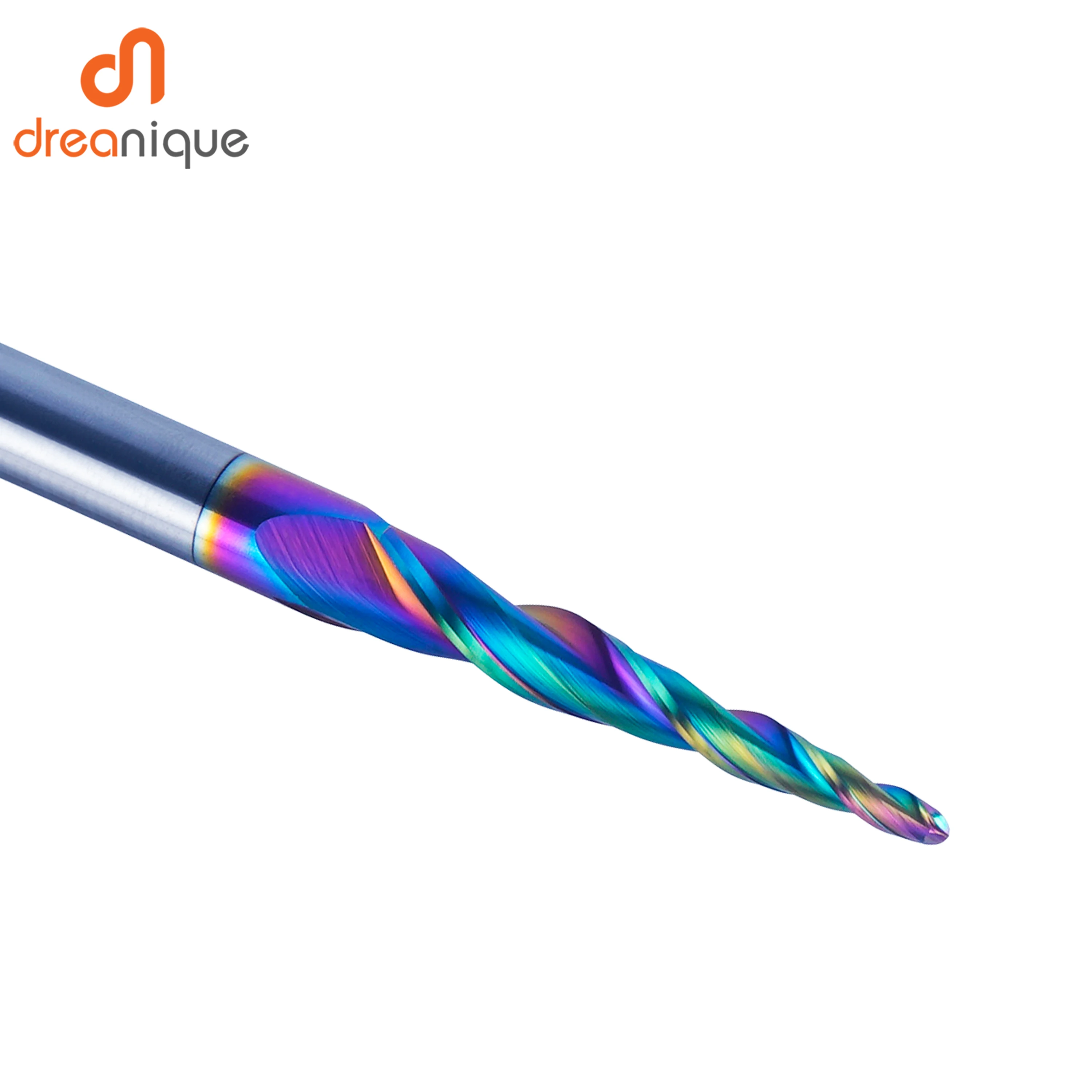 DREANIQUE 4pcs/set 2 Flutes Ball End Mill with Conical Tip R0.25mm-1.0mm 3.175mm DLC Coating Carbide Cutter for 2D 3D Engraving