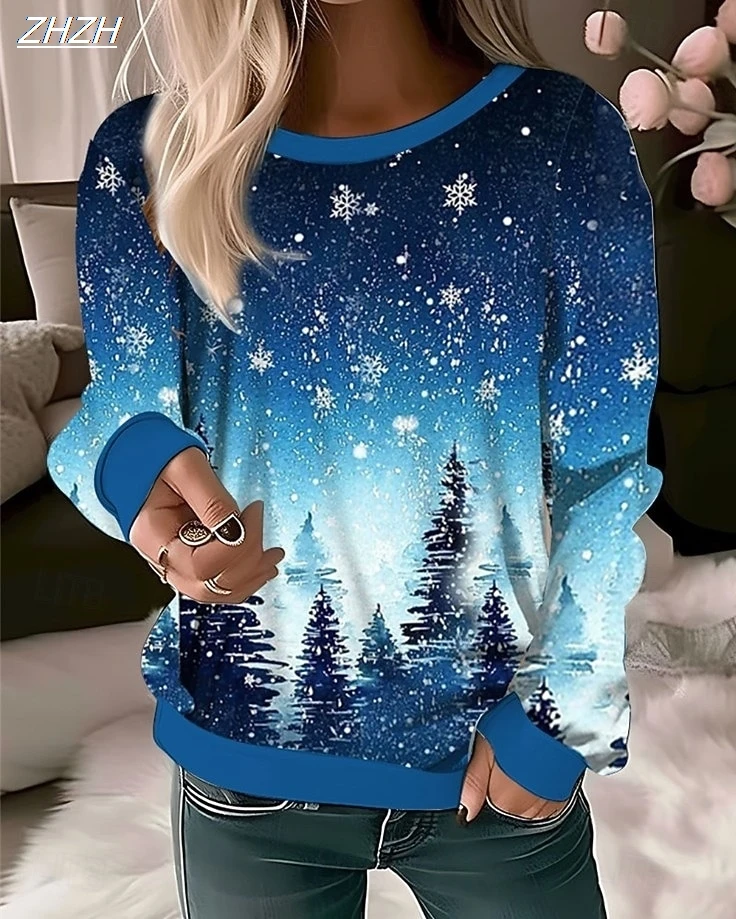 Women's Pullover Graphic Christmas Tree Abstract Casual Long Sleeve Crew Neck Regular Tops Casual Holiday Print Fall Winter