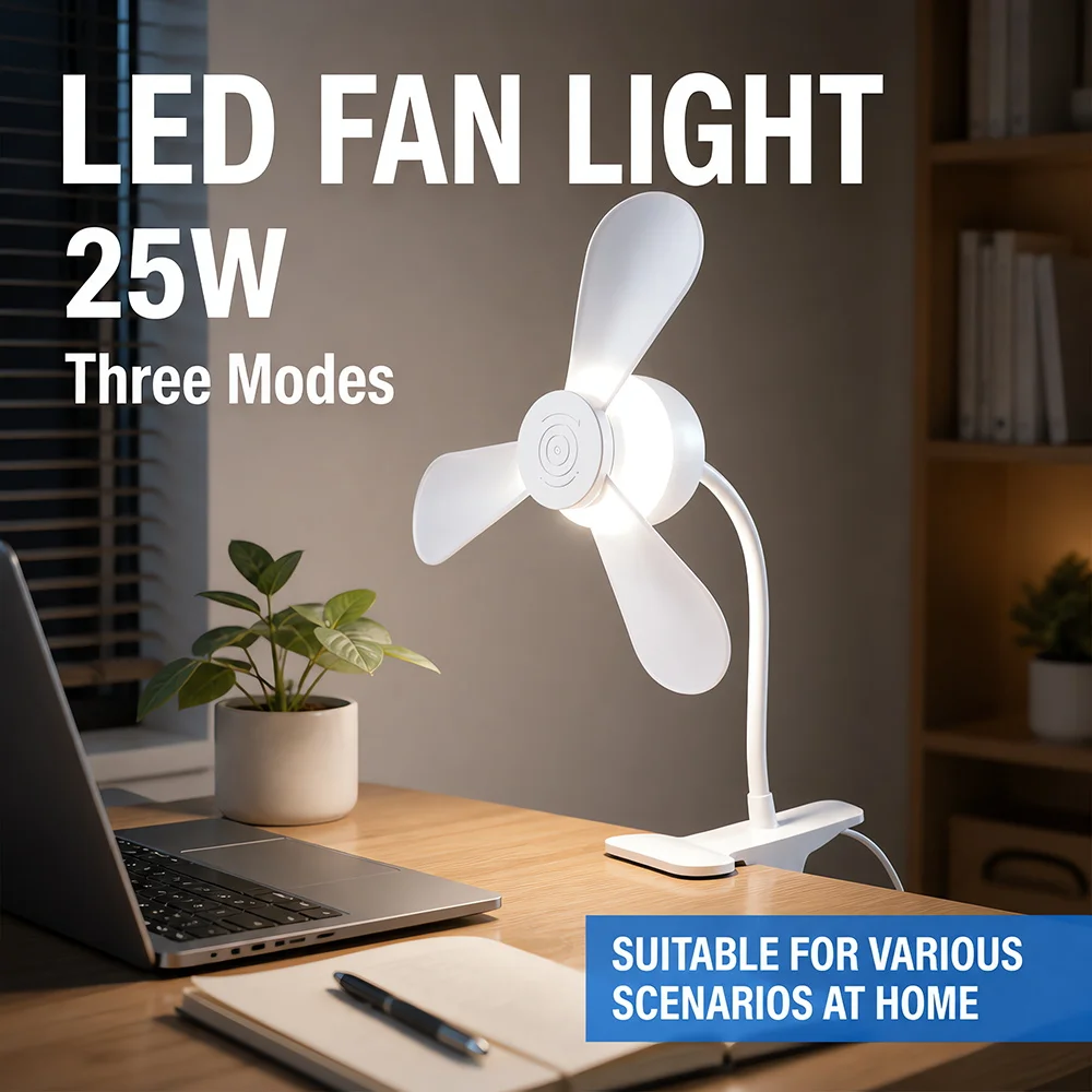 25W Clip on Fan Lamp LED Night Light Rotation Portable Mini Clip-on Fan 3 Speeds Quiet Cooling Dorm Bed Desktop Lamp