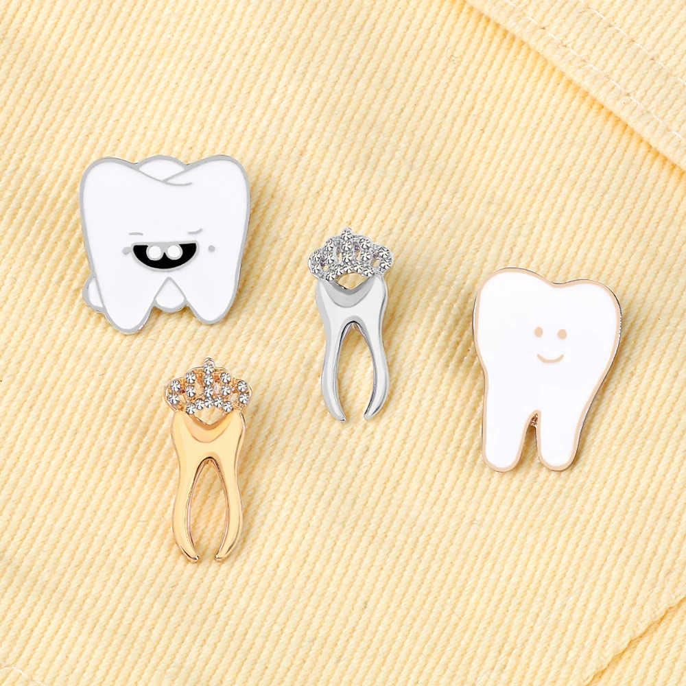 4 Styles Cartoon Smile Teeth Enamel Pins Crystal Metal Brooches High Quality Lapel Pin Badges Jewelry Gift for Friend Dentisit